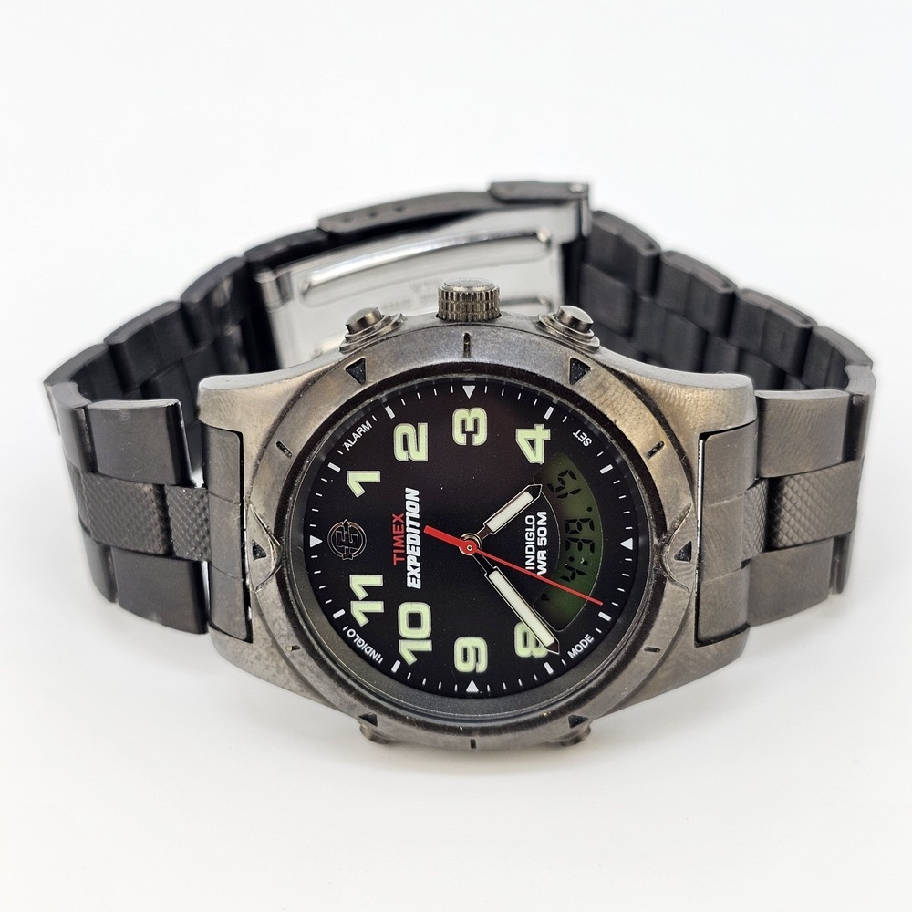 Timex Expedition Men Watch 38MM Ana-Digi Black Dial Gunmetal Band 7.5" NewBatter